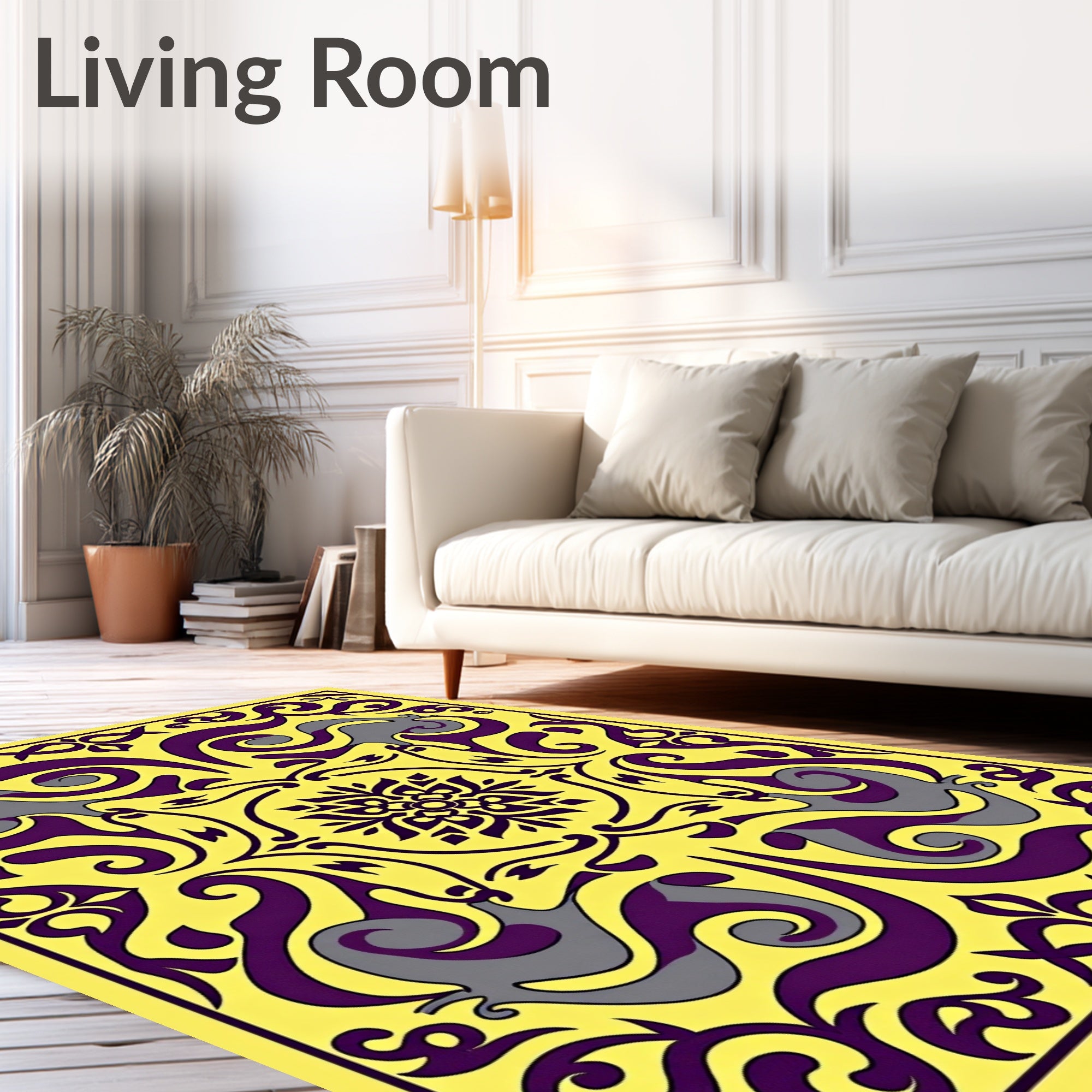 Bold Yellow Purple Swirling Animal Motif Rug
