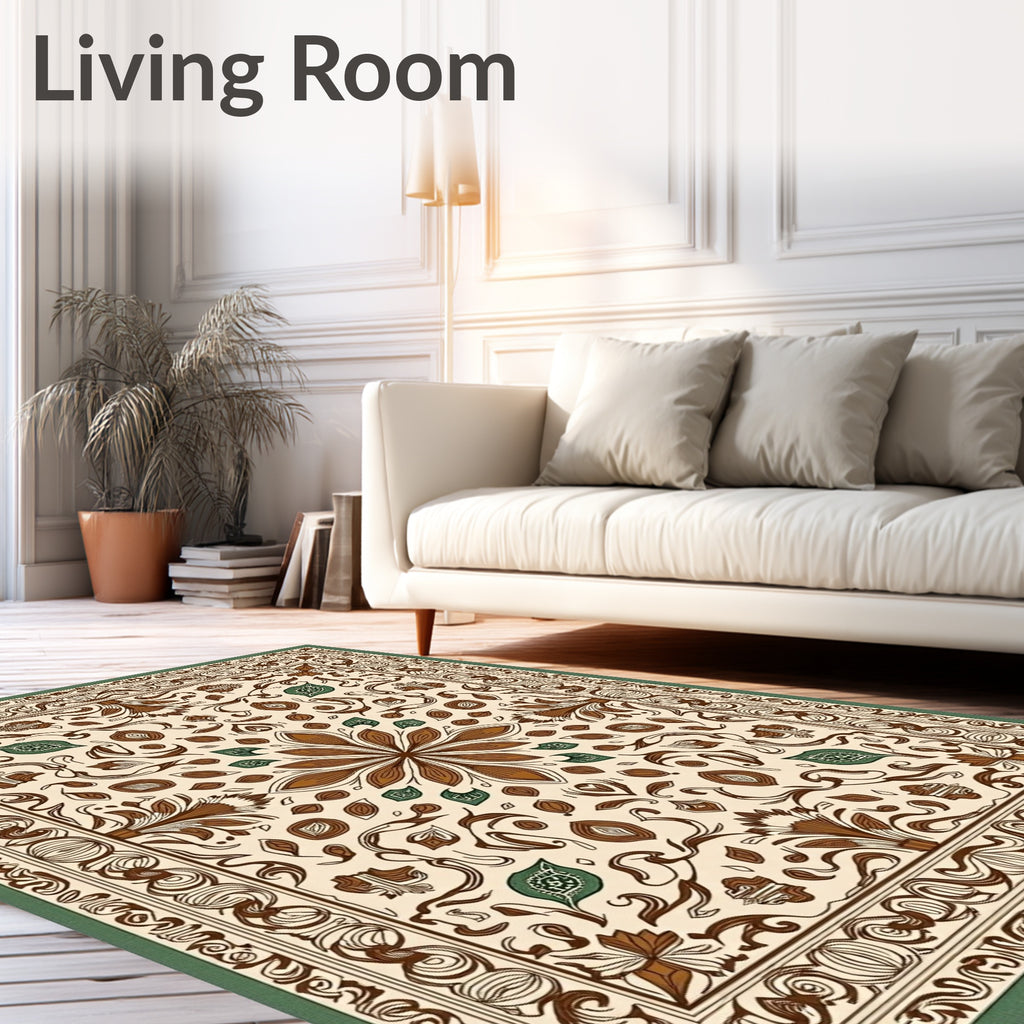 Cream Brown Floral Scroll Border Rug