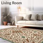 Cream Brown Floral Scroll Border Rug