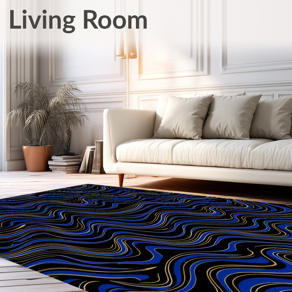Bold Blue Golden Wave Abstract Rug