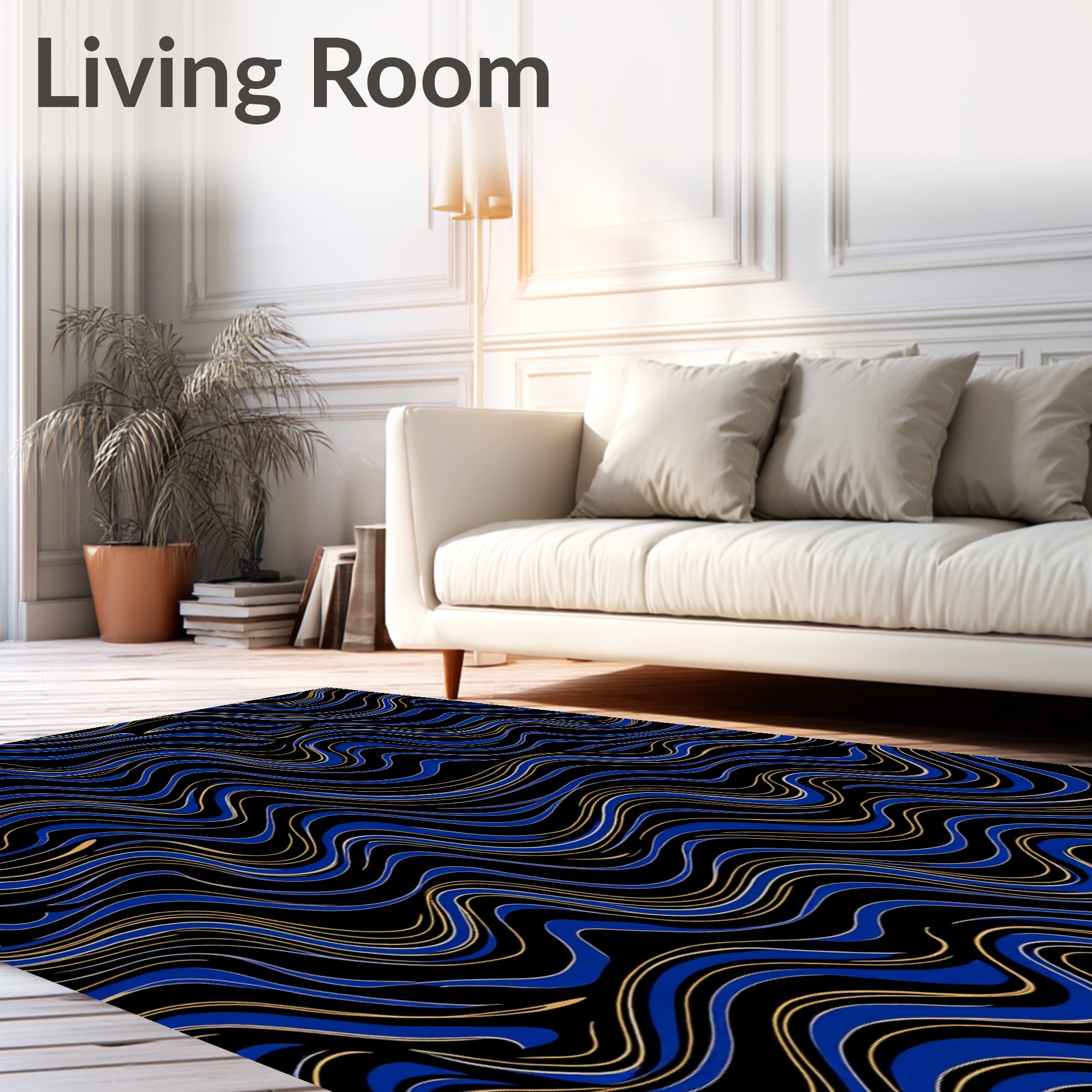 Bold Blue Golden Wave Abstract Rug