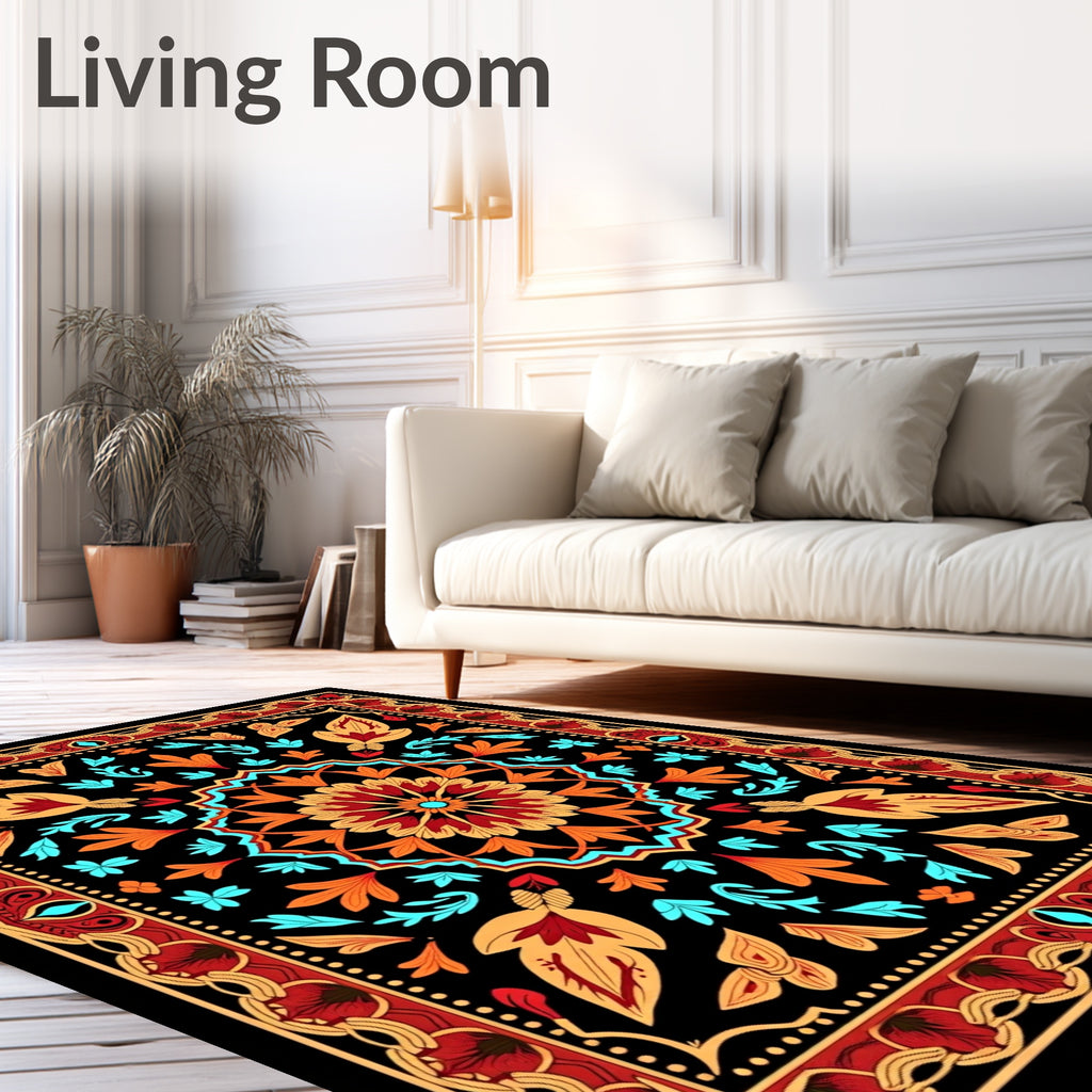 Ornate Red Orange Floral Mandala Rug