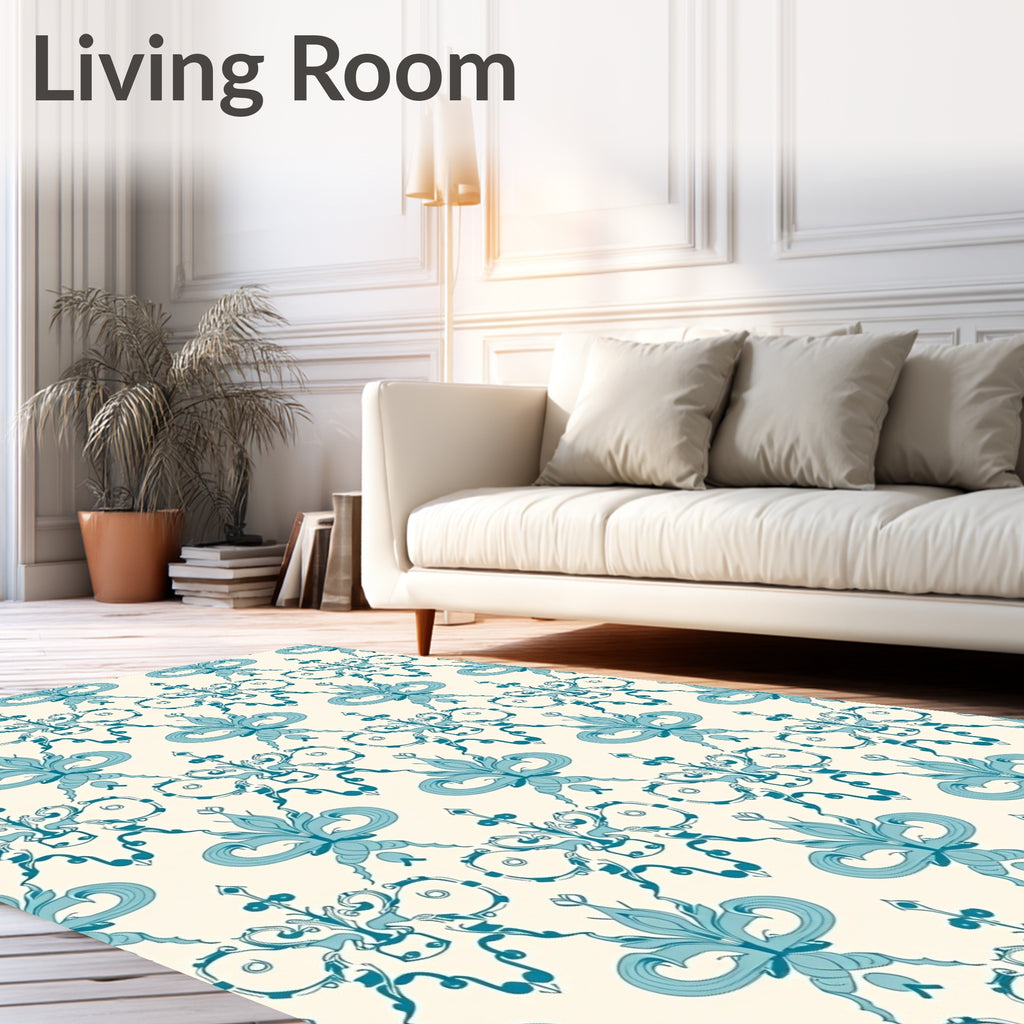 Aqua Fleur-de-lis Damask Fabric Rug