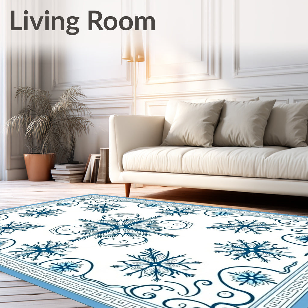 Navy Blue Snowflake Scroll Border Rug