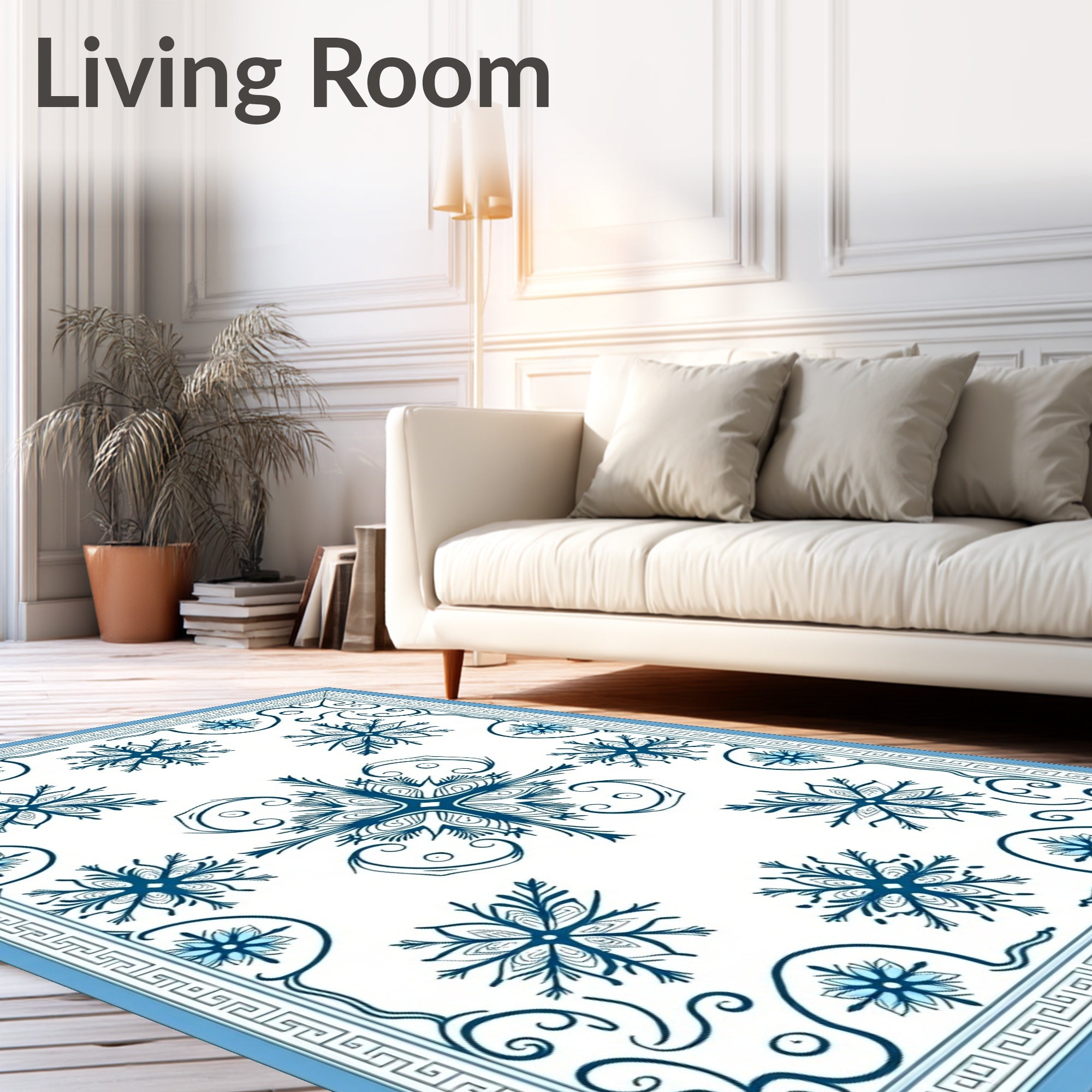 Navy Blue Snowflake Scroll Border Rug
