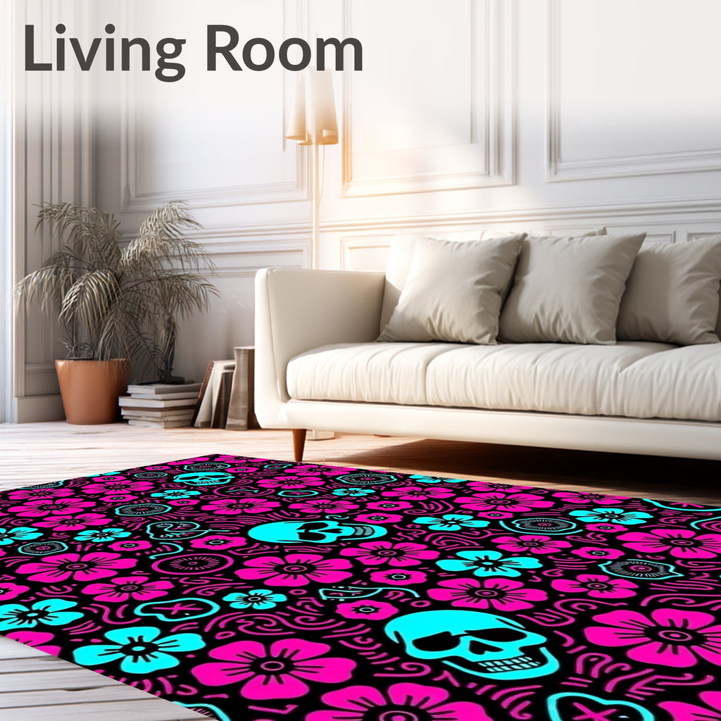 Hot Pink Turquoise Skull Floral Whimsy Rug