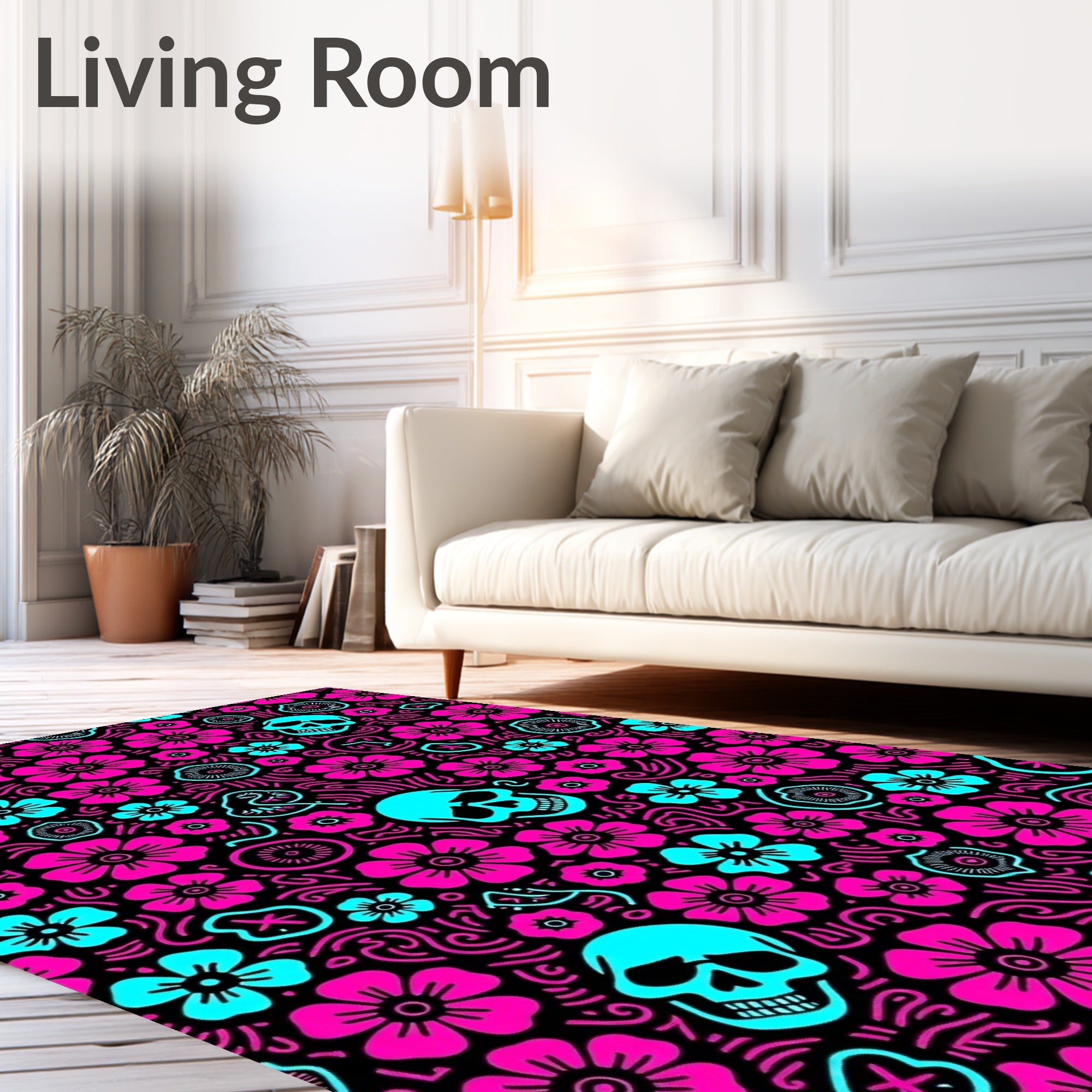 Hot Pink Turquoise Skull Floral Whimsy Rug