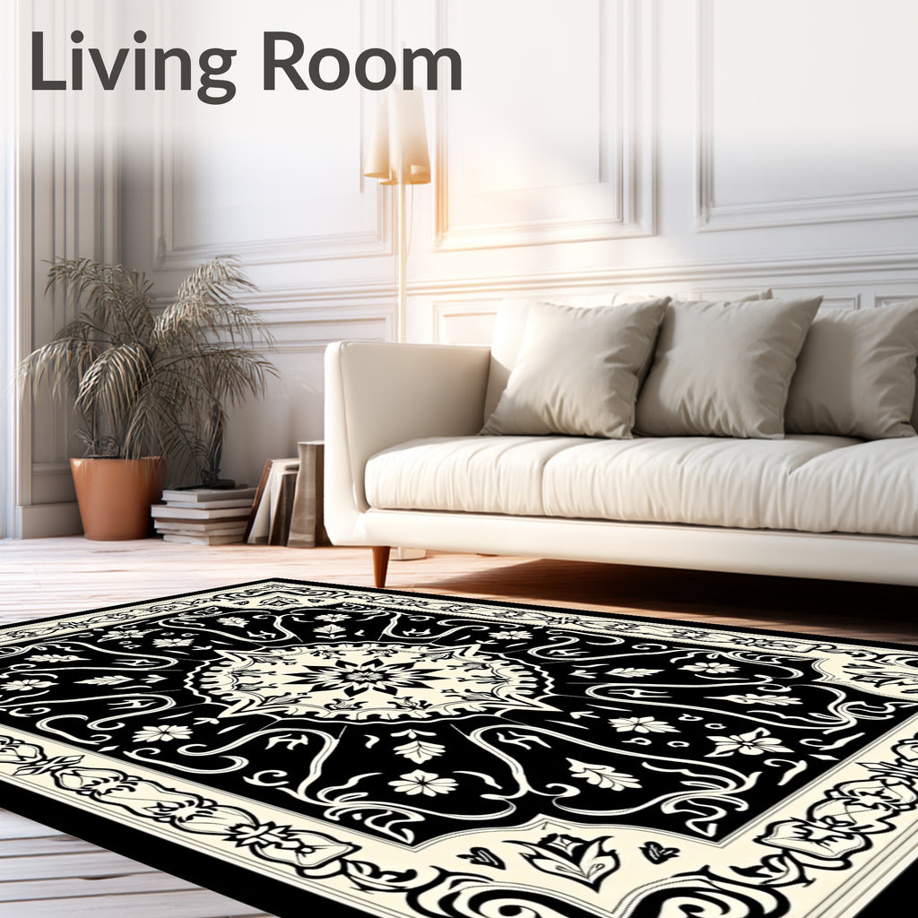 Classic Black Cream Floral Medallion Rug