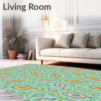 Teal Gold Leafy Vine Elongated Almonds Rug