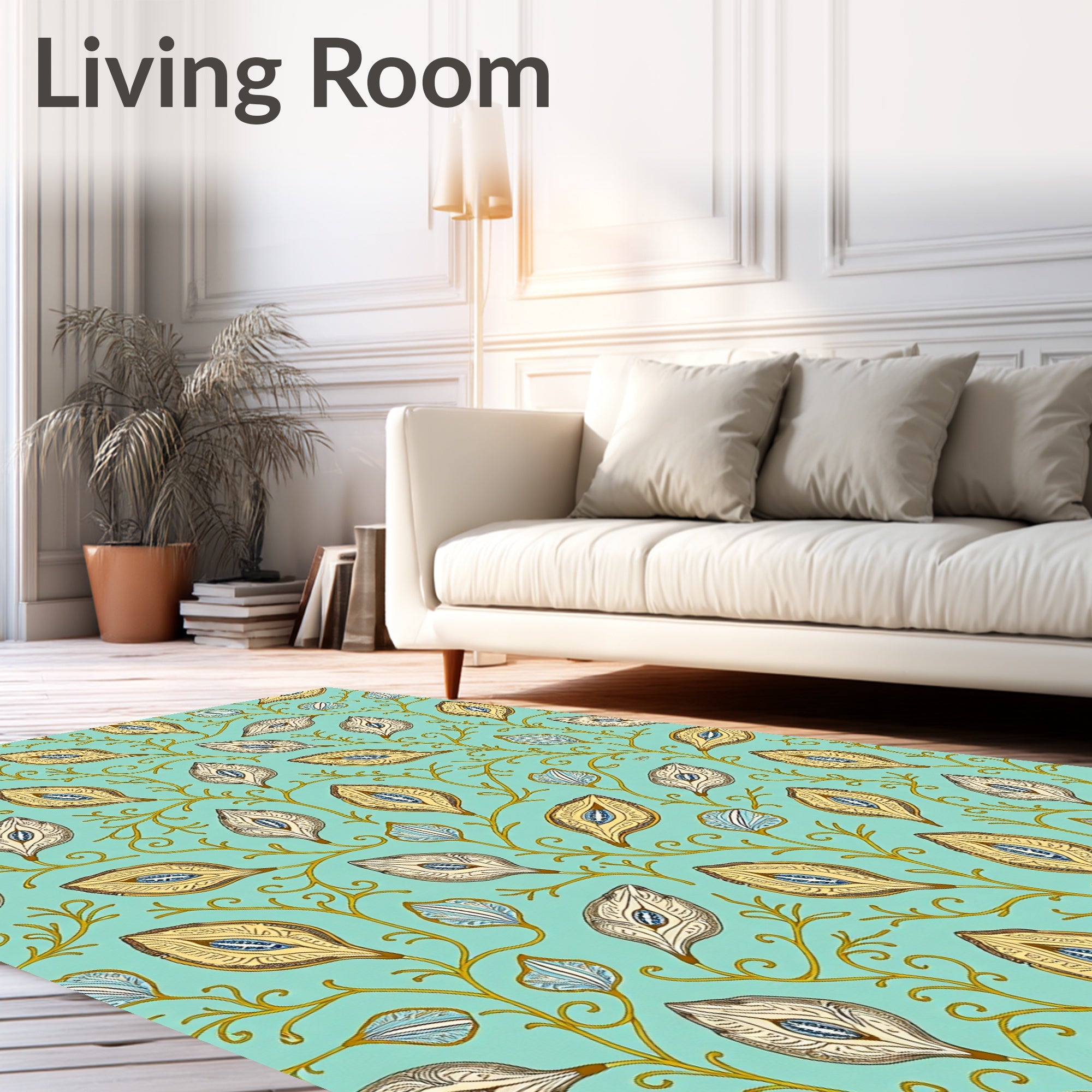 Teal Gold Leafy Vine Elongated Almonds Rug
