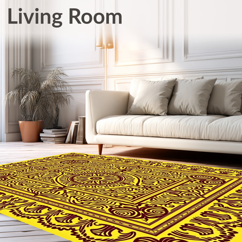 Ornate Gold Maroon Medallion Border Rug