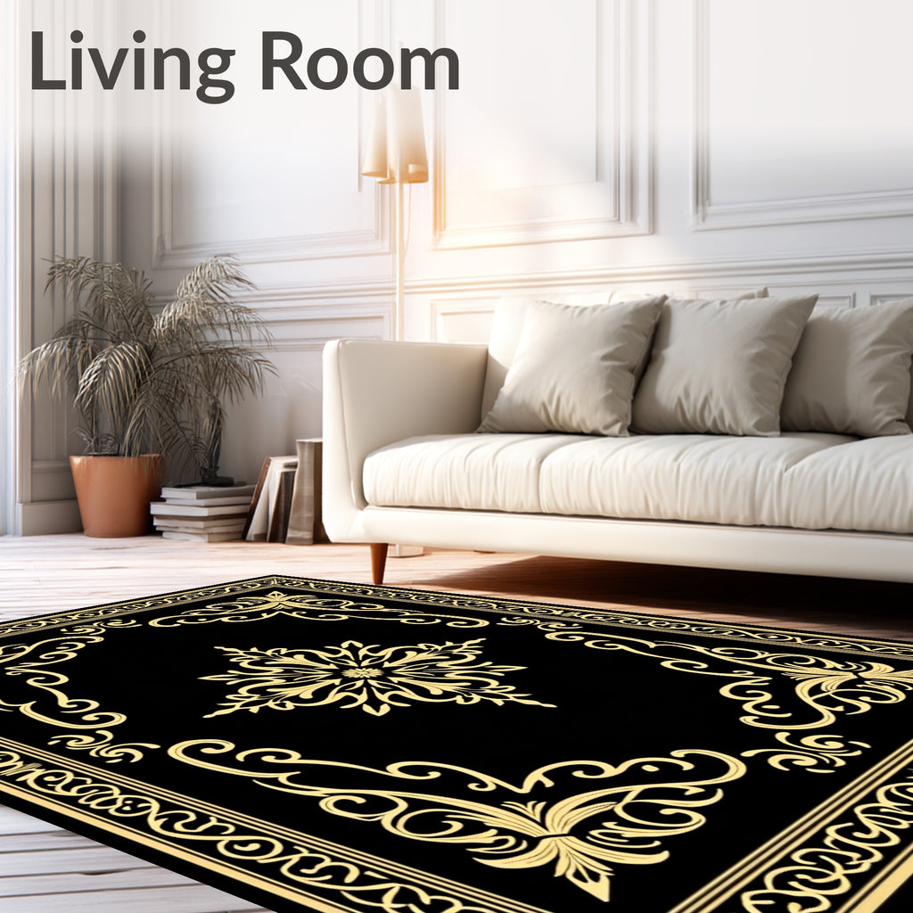 Black and Gold Filigree Ornamental Rug
