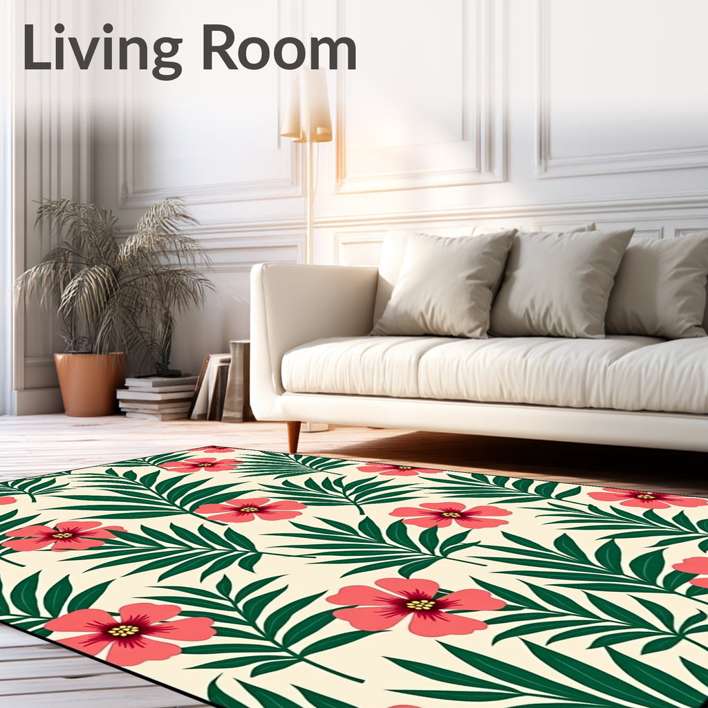Coral Pink Flower Tropical Leaf Rug