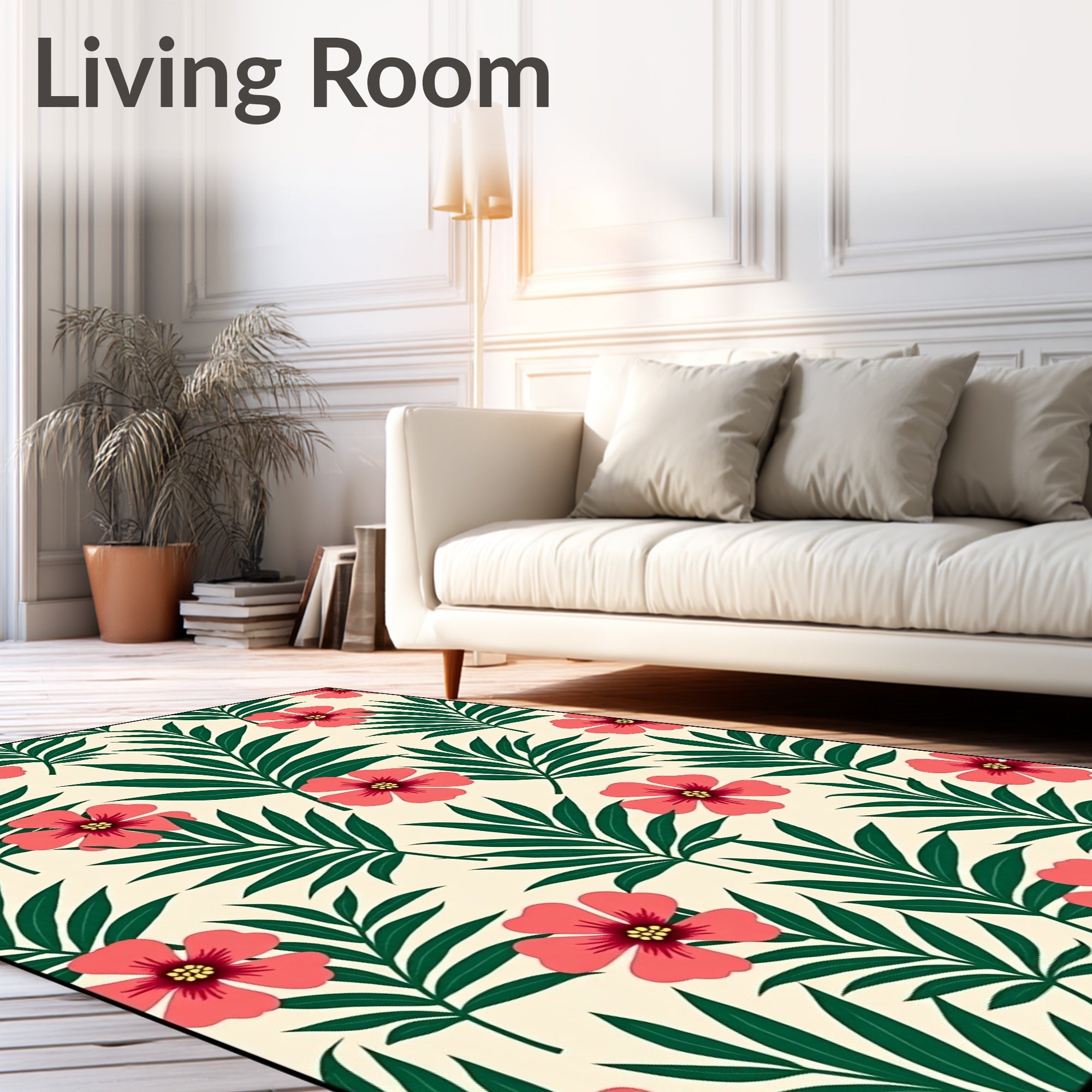 Coral Pink Flower Tropical Leaf Rug