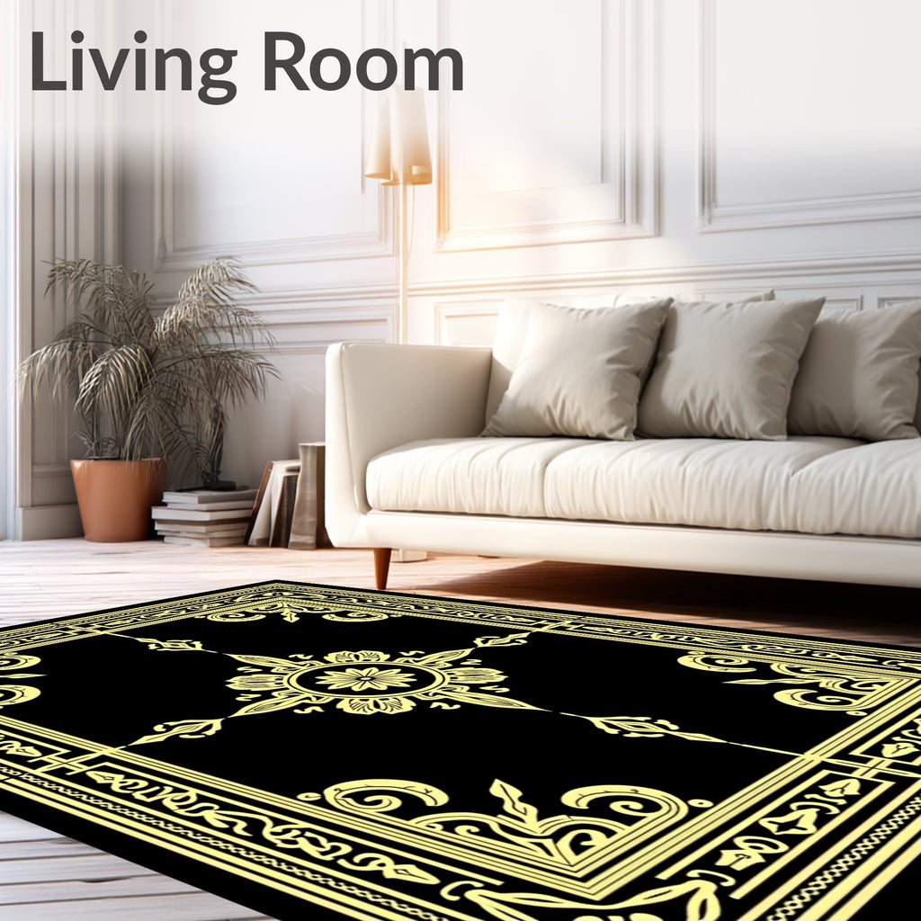 Gold and Black Ornate Floral Frame Rug