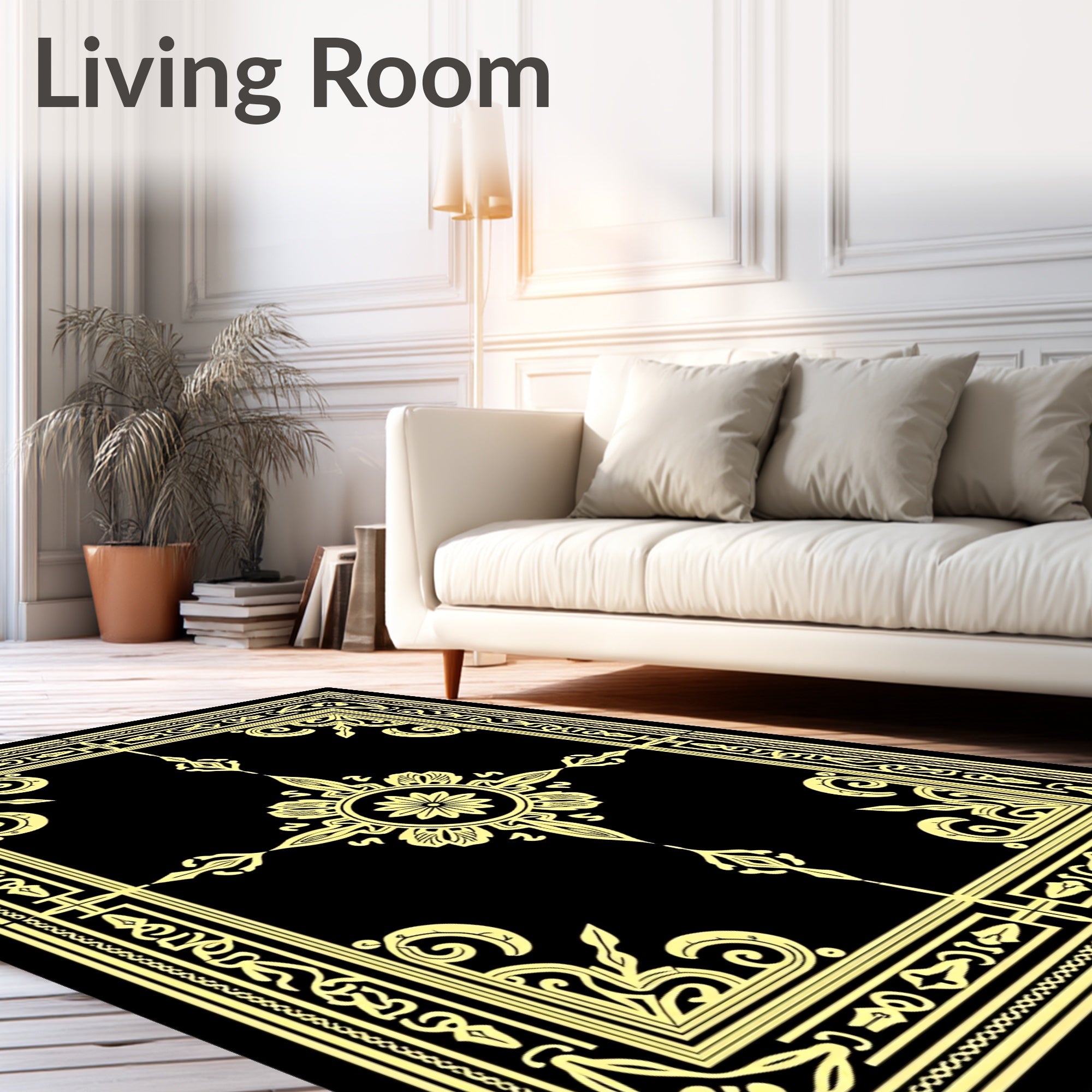 Gold and Black Ornate Floral Frame Rug