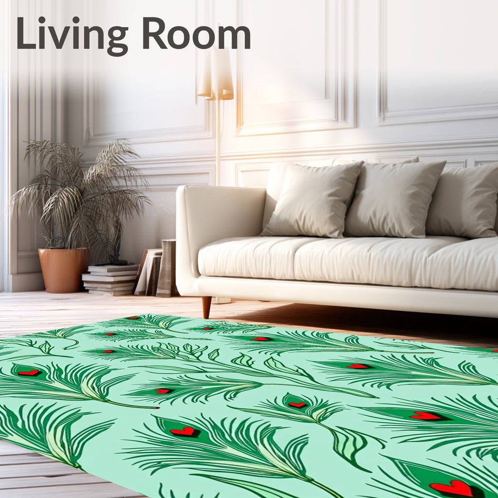 Green Peacock Feathers Red Hearts Rug
