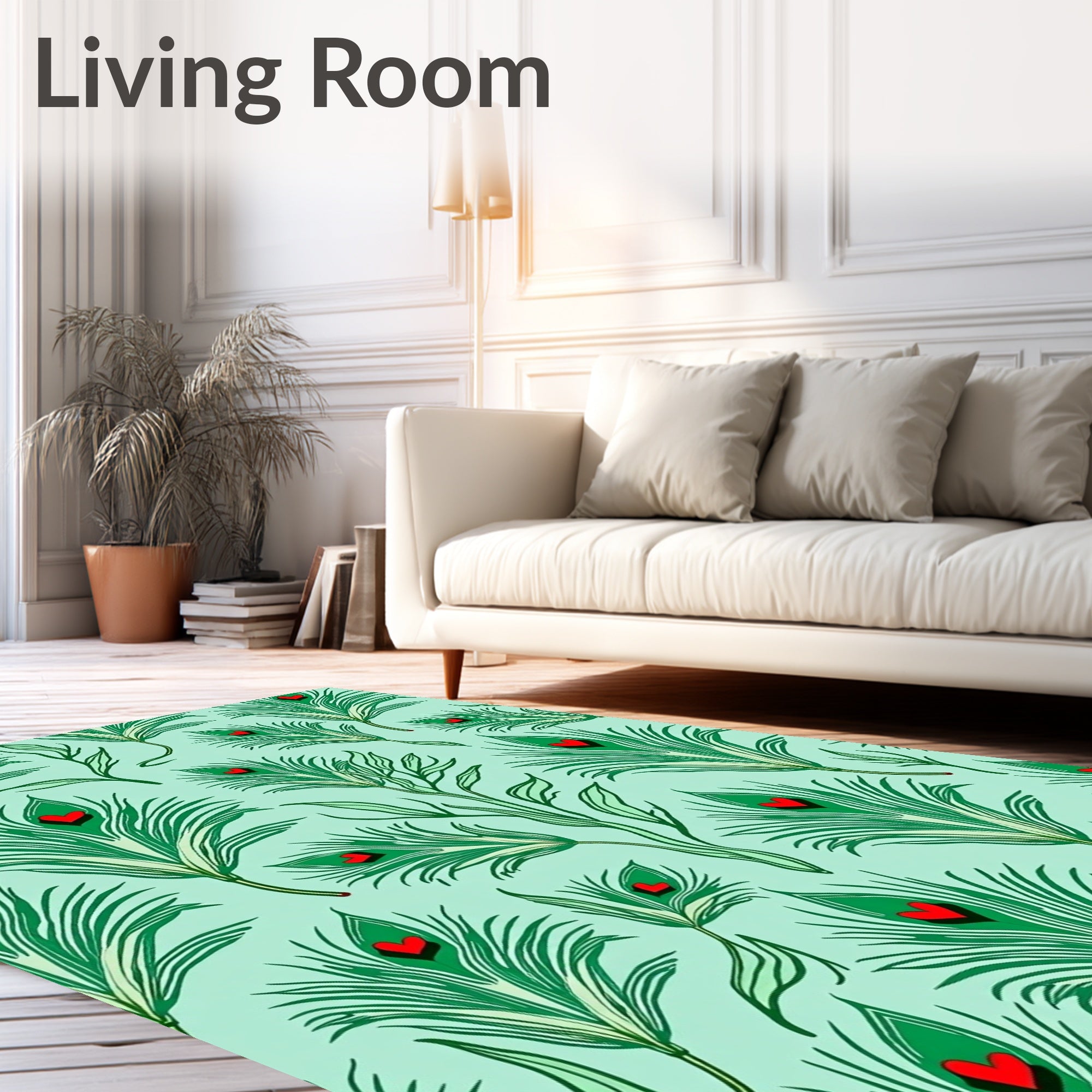 Green Peacock Feathers Red Hearts Rug