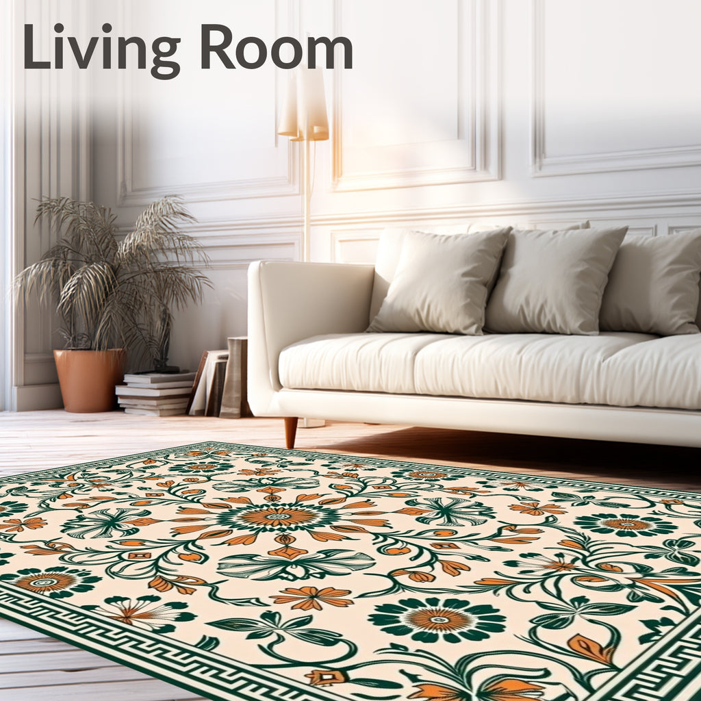 Classic Emerald Orange Floral Medallion Rug