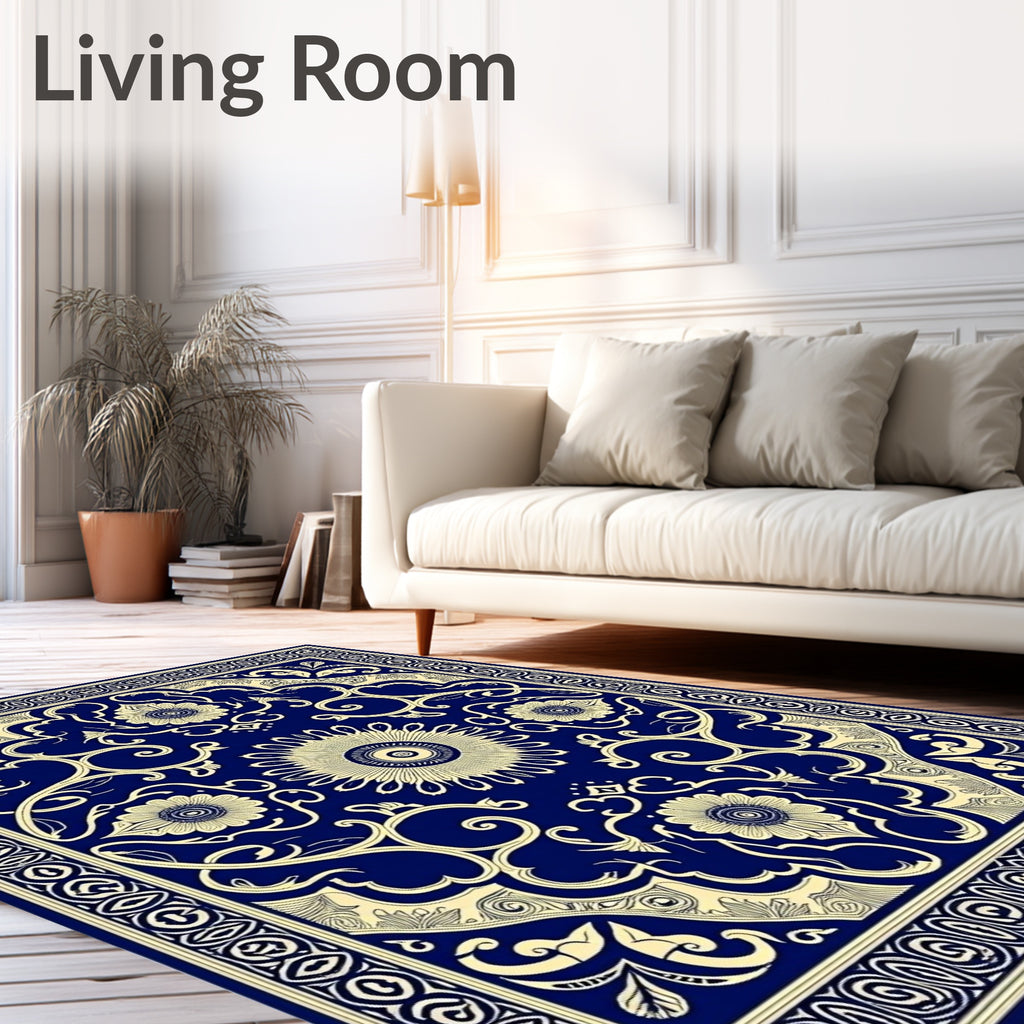 Symmetrical Navy Floral Swirl Medallion Rug