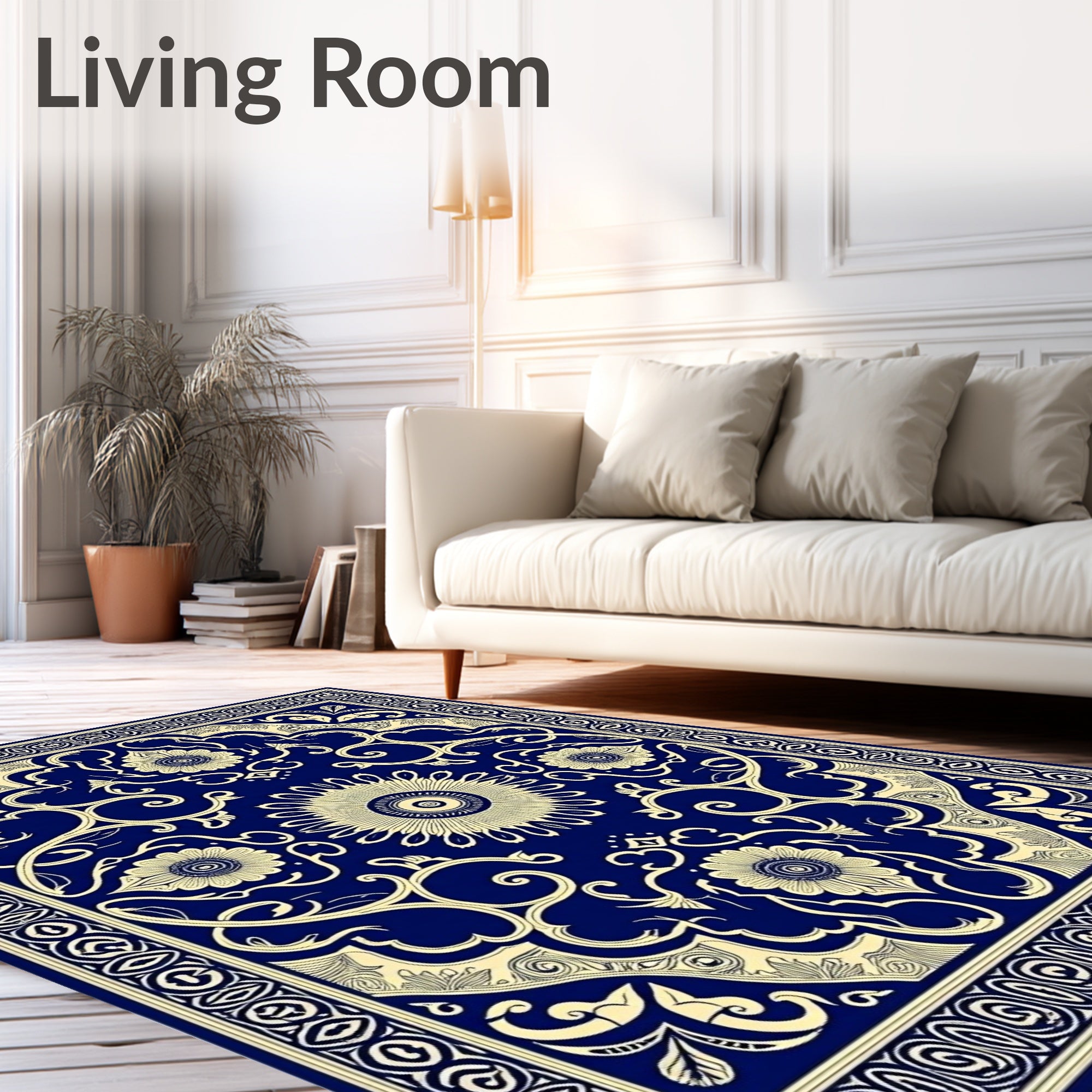 Symmetrical Navy Floral Swirl Medallion Rug