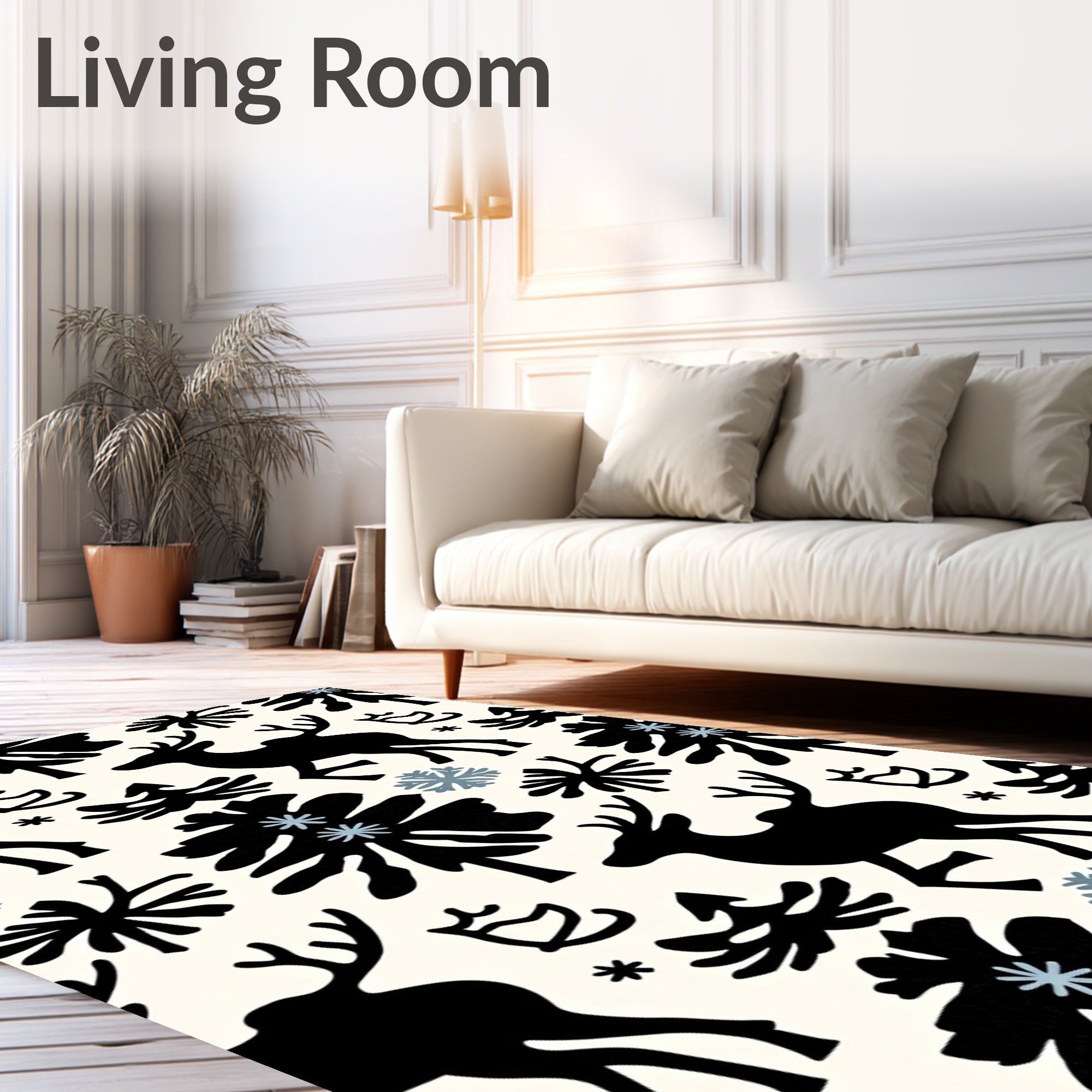Black Reindeer Winter Forest Snowflakes Rug