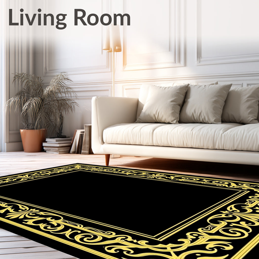 Elegant Gold Scroll Border Black Rug