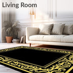 Elegant Gold Scroll Border Black Rug