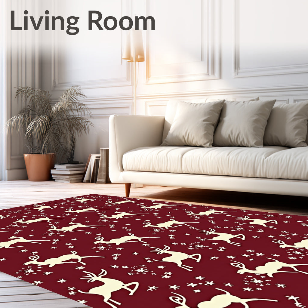 Cream Reindeer Snowflakes Burgundy Rug