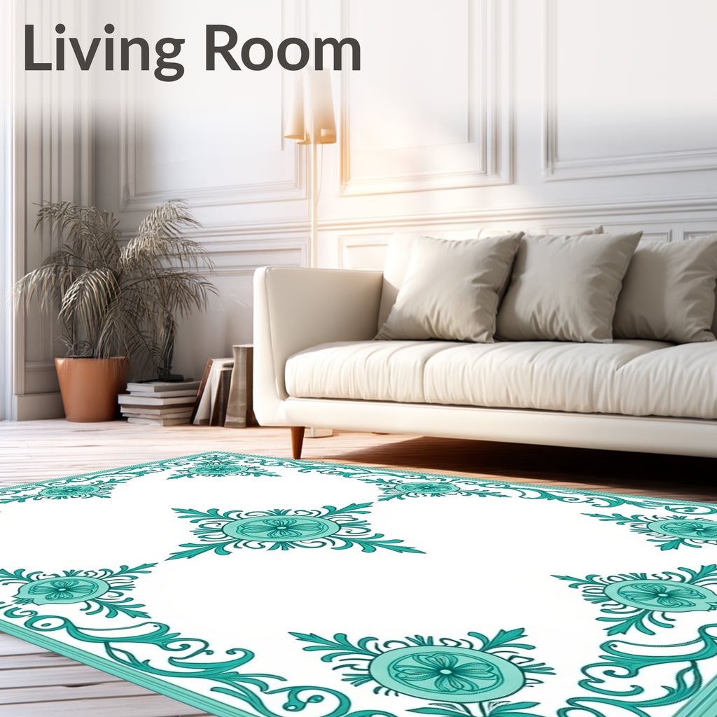 Turquoise Floral Medallion Border Rug