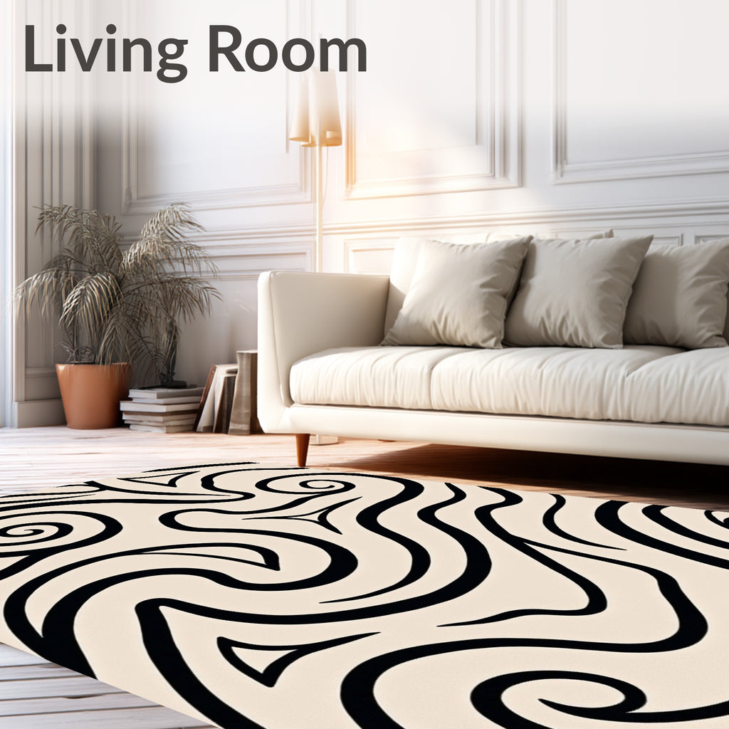 Cream Black Swirling Abstract Organic Rug