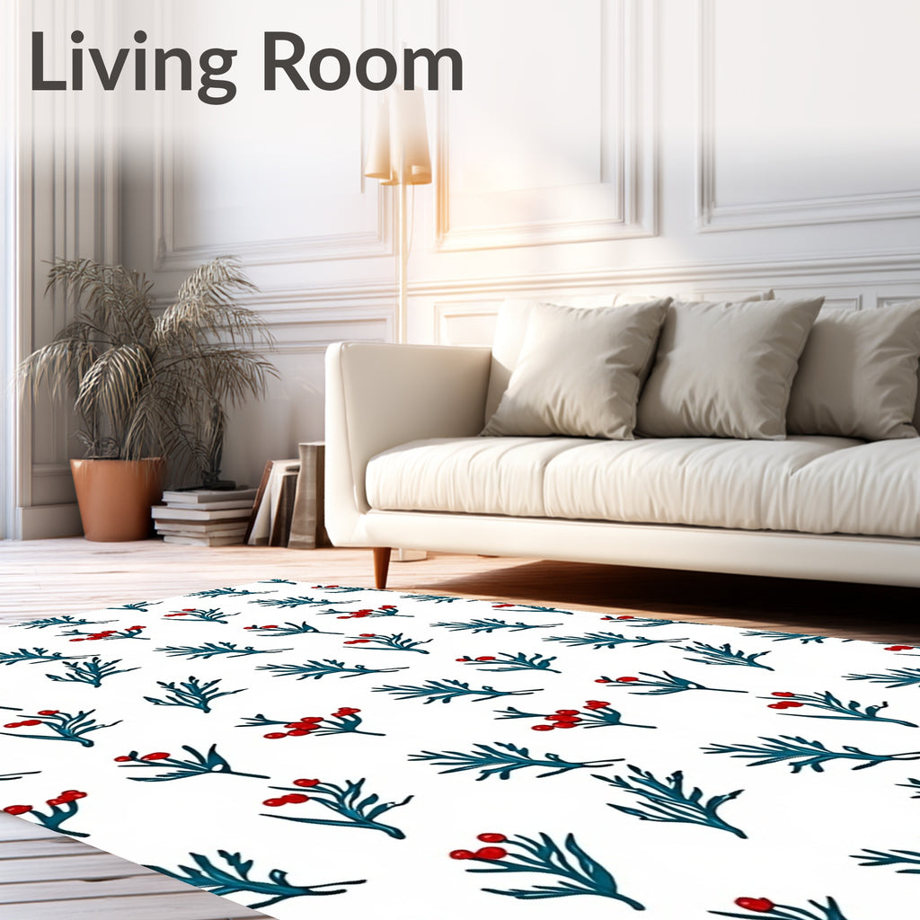 Teal Leaf Red Berry Botanical Rug