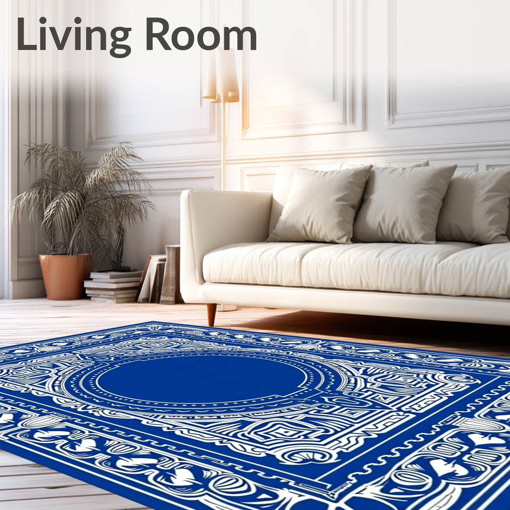 Royal Blue White Ornate Floral Medallion Rug