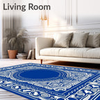 Royal Blue White Ornate Floral Medallion Rug
