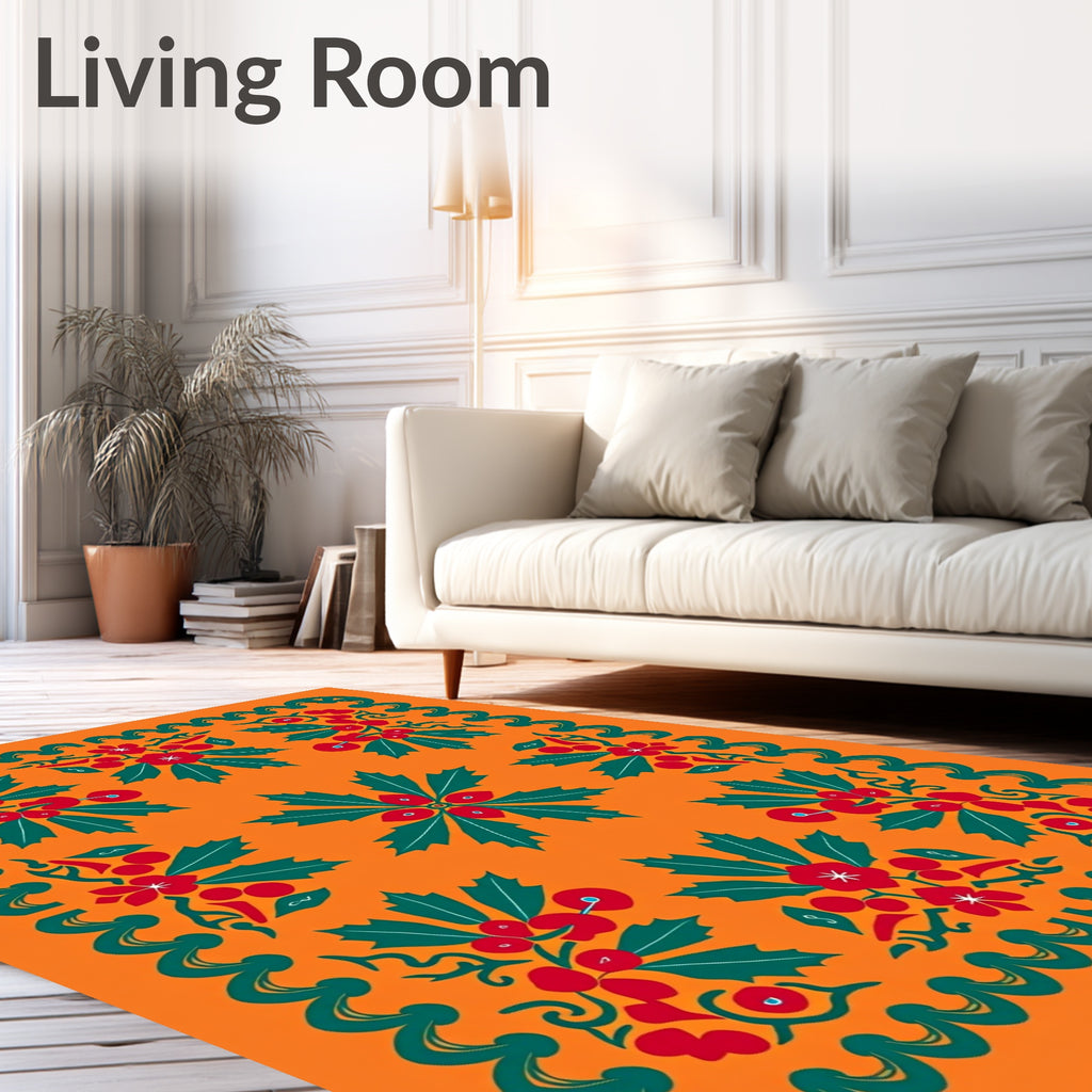 Vibrant Red Green Holly Berry Border Rug