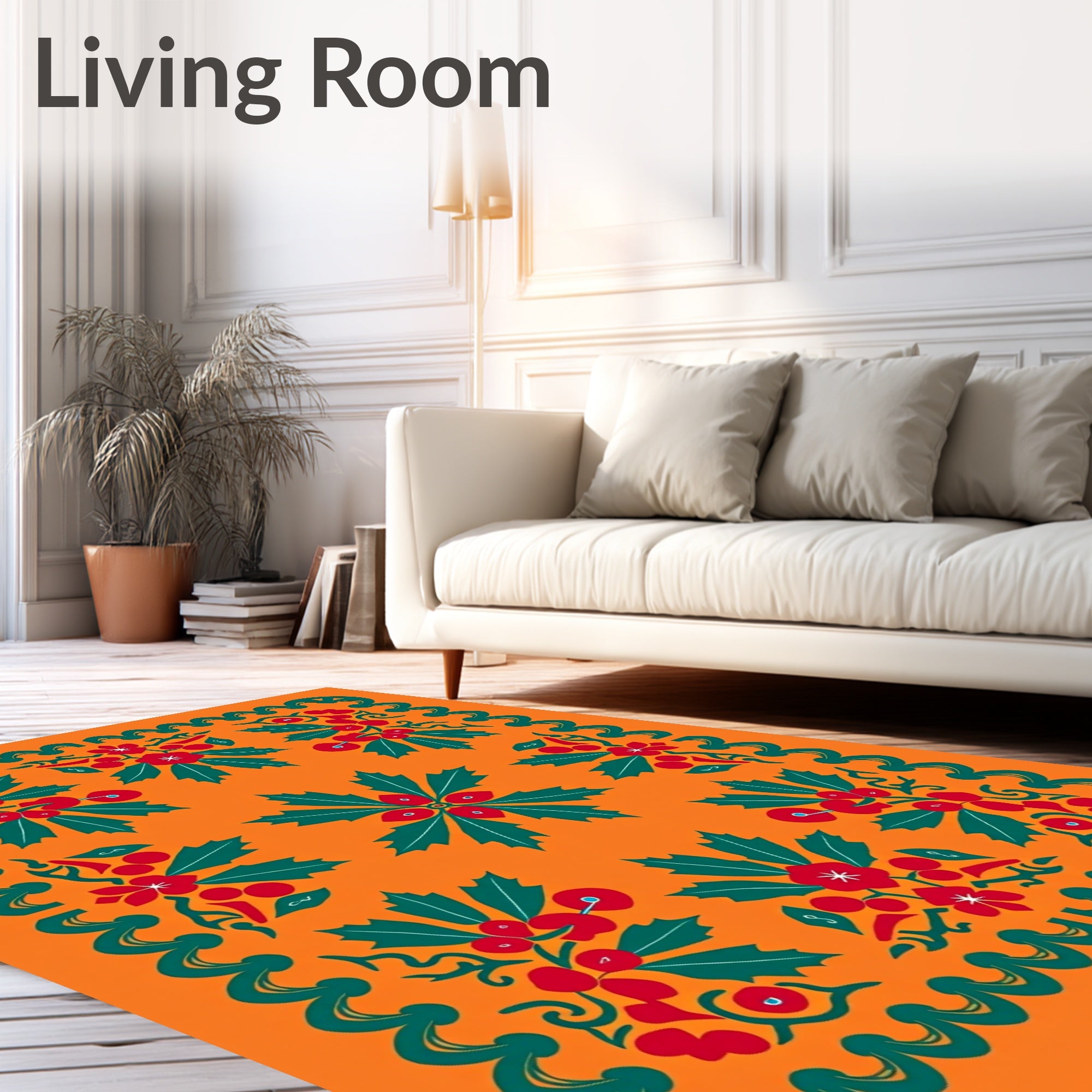 Vibrant Red Green Holly Berry Border Rug