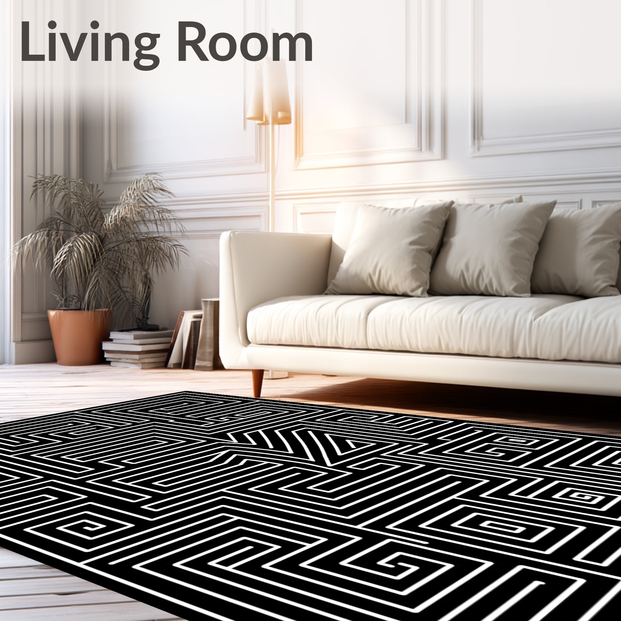 Monochromatic Black White Maze Lines Rug