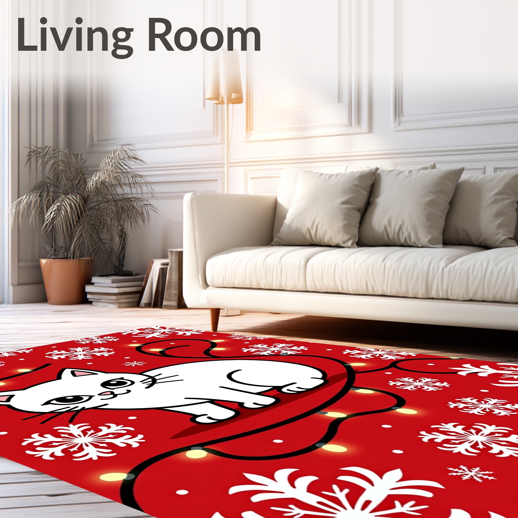Cute White Cat Snowflake Holiday Lights Rug