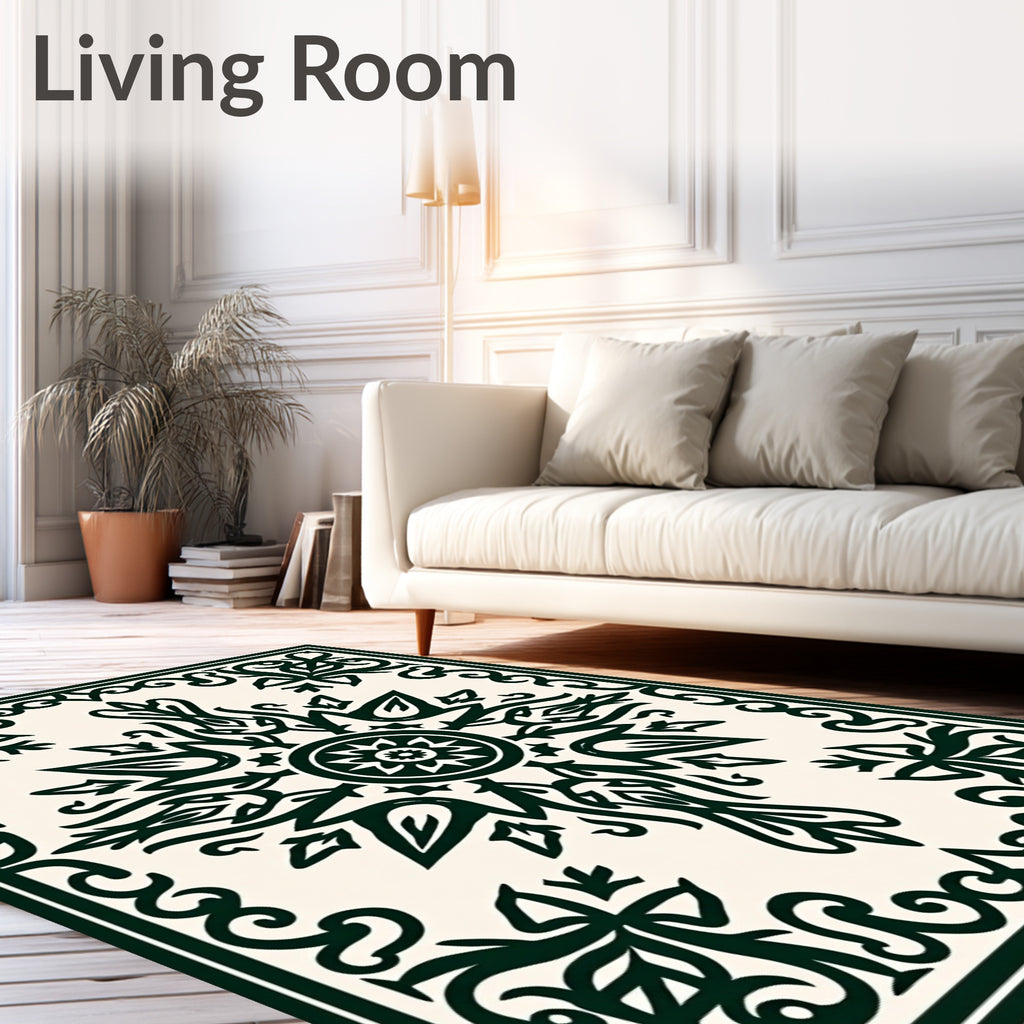 Dark Green Floral Medallion Scroll Rug