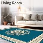 Teal Ivory Ornamental Medallion Frame Rug