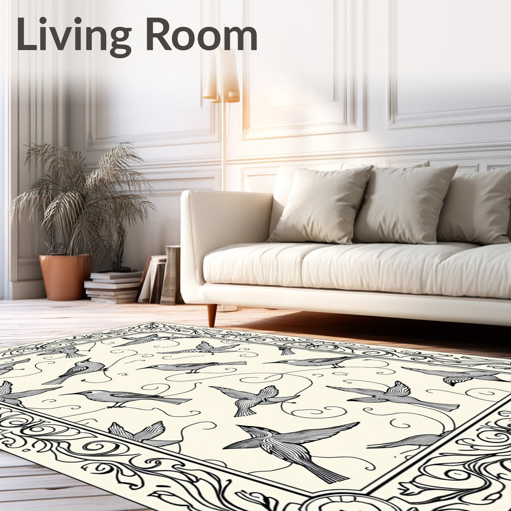 Vintage Black Bird Scroll Frame Rug