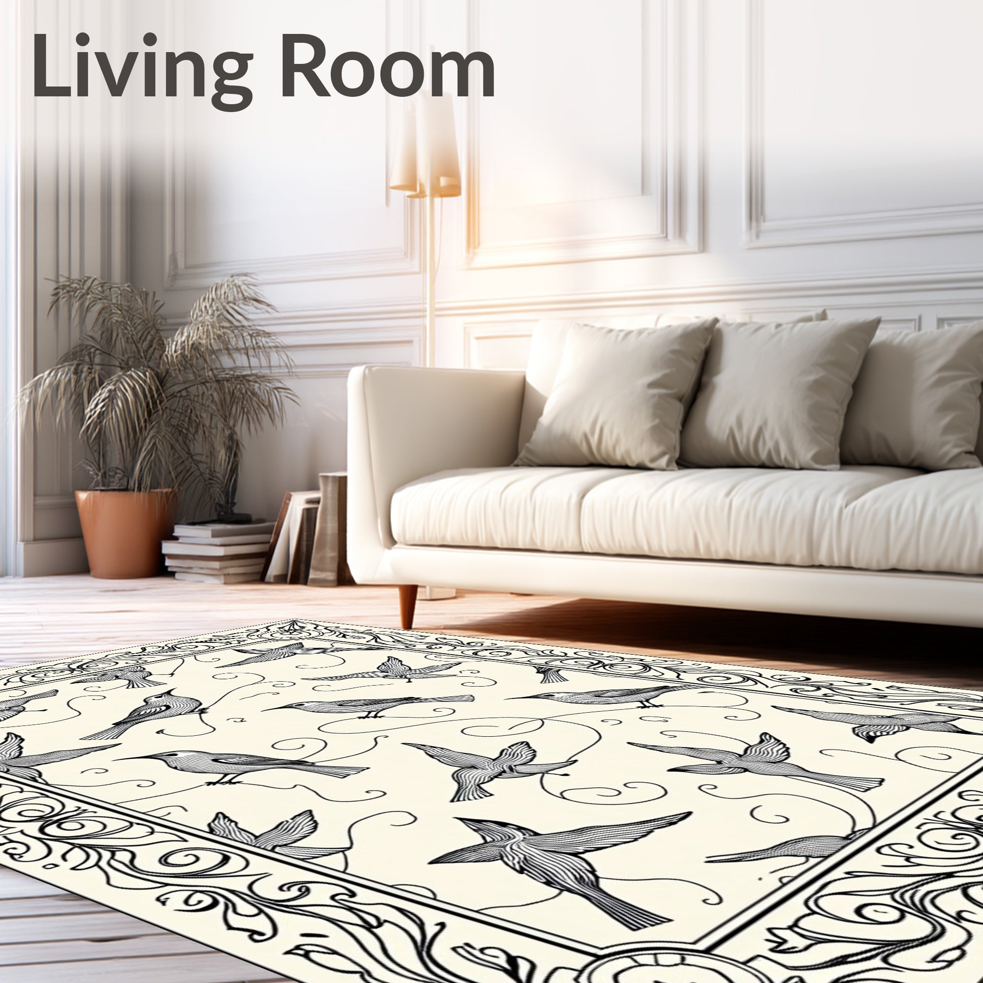Vintage Black Bird Scroll Frame Rug