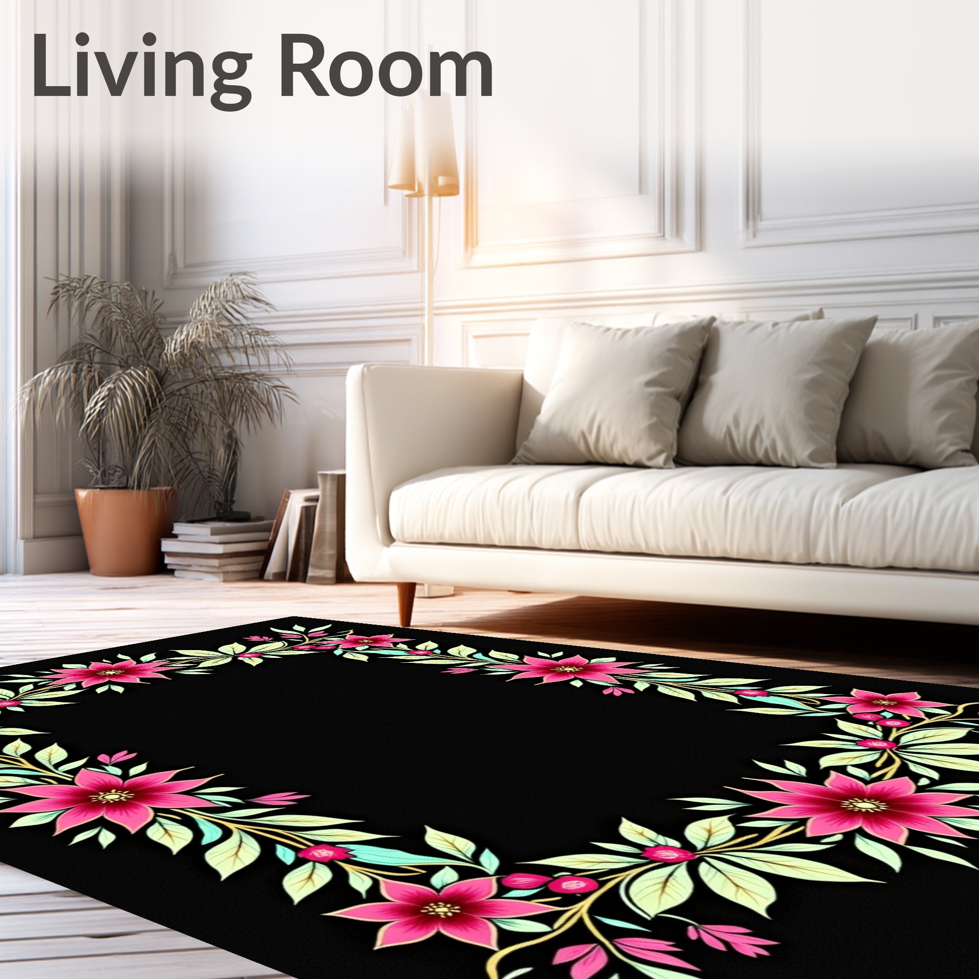 Vibrant Pink Floral Vine Border Rug