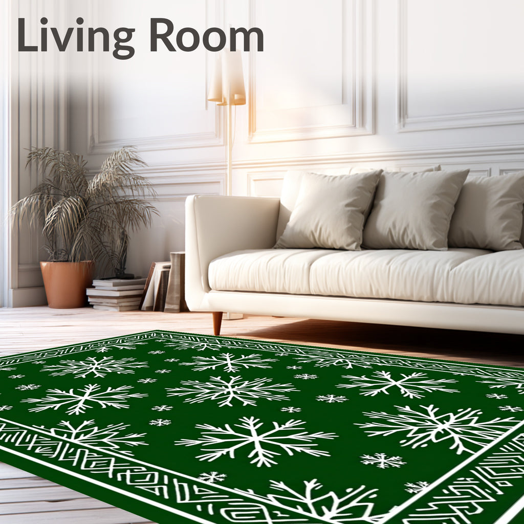 Green White Snowflake Winter Border Rug