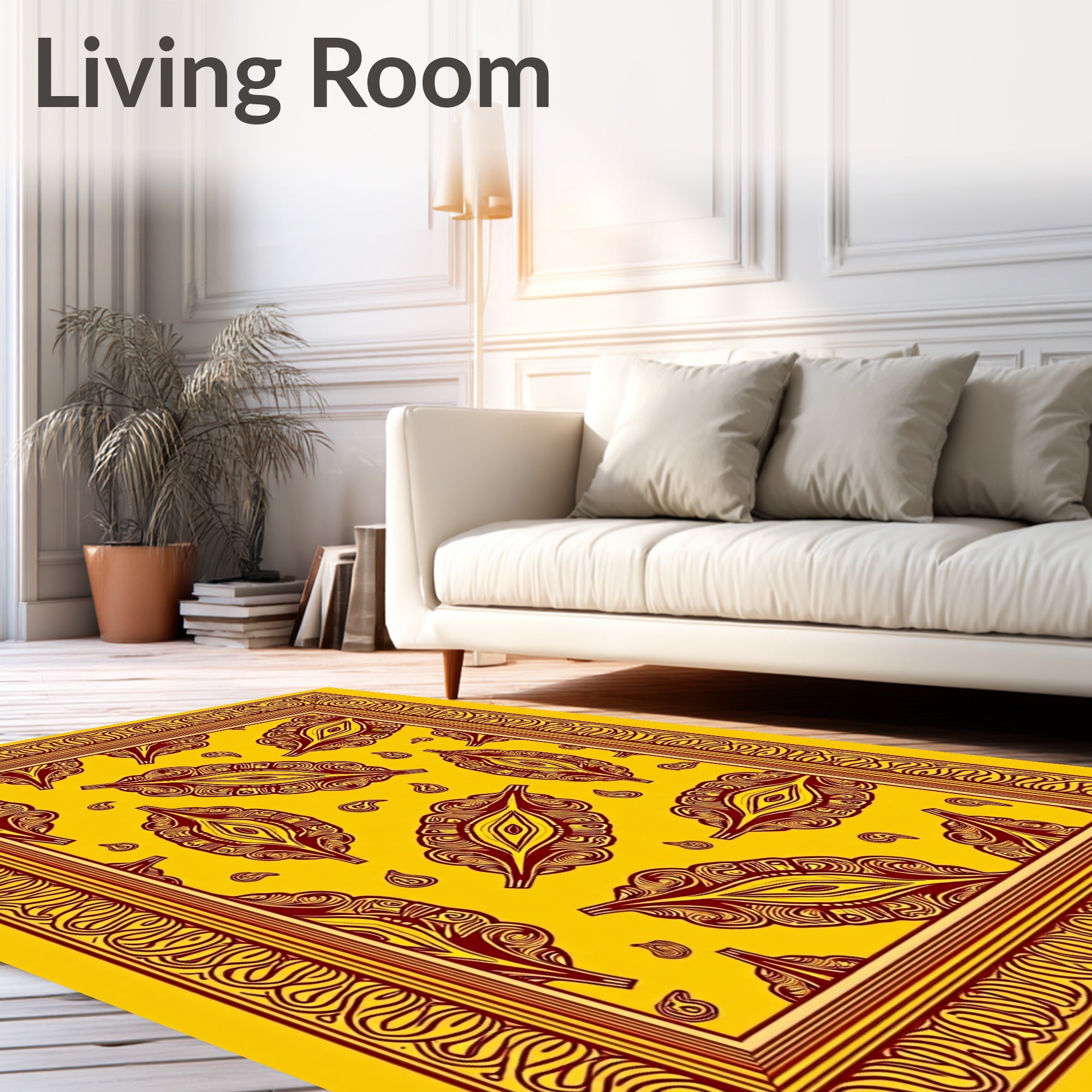 Golden Yellow Paisley Leaf Border Rug