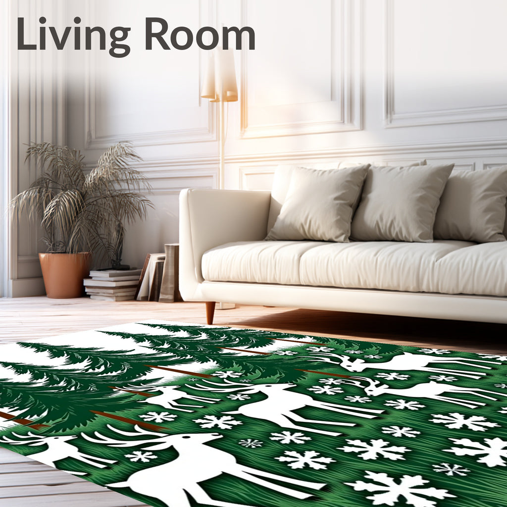 Woodland Snowy Deer Forest Scene Rug