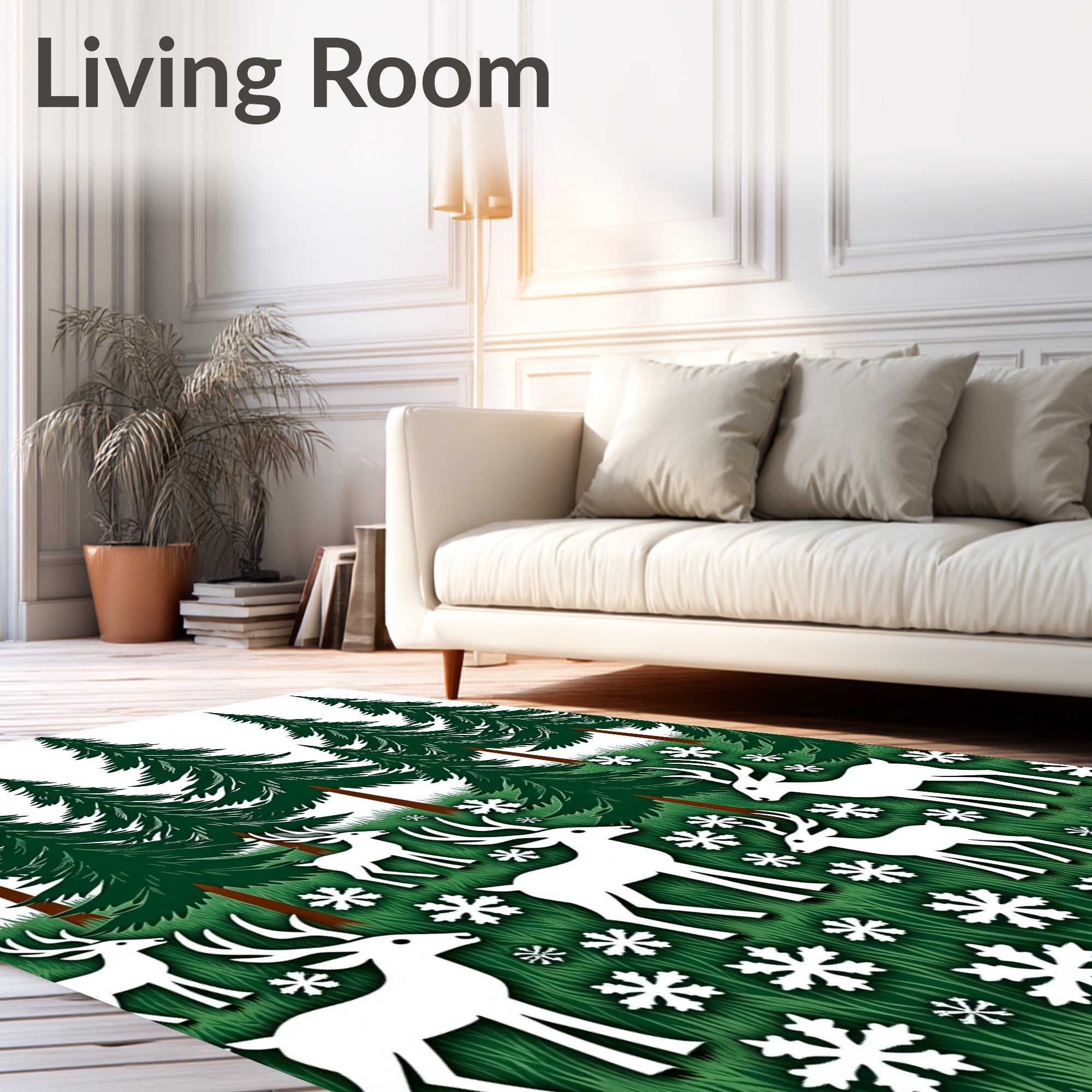 Woodland Snowy Deer Forest Scene Rug