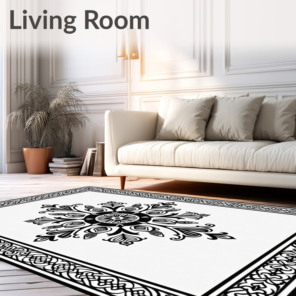 Monochromatic Black Inlaid Floral Medallion Rug