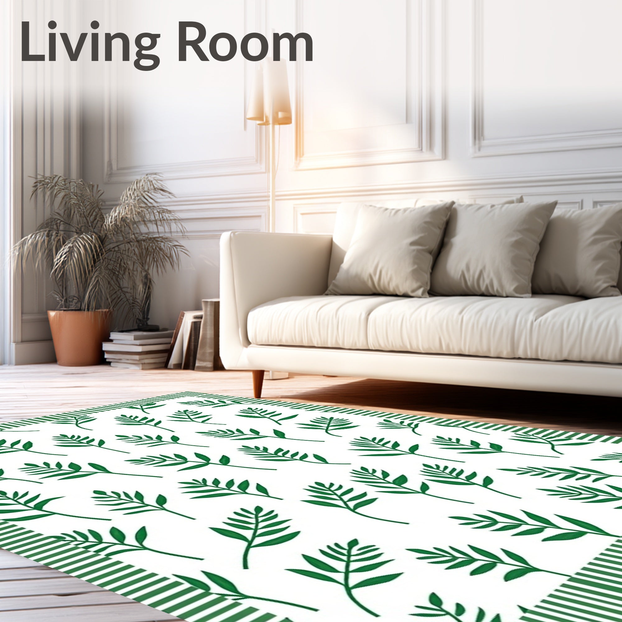 Green Leafy Branches Striped Border Rug