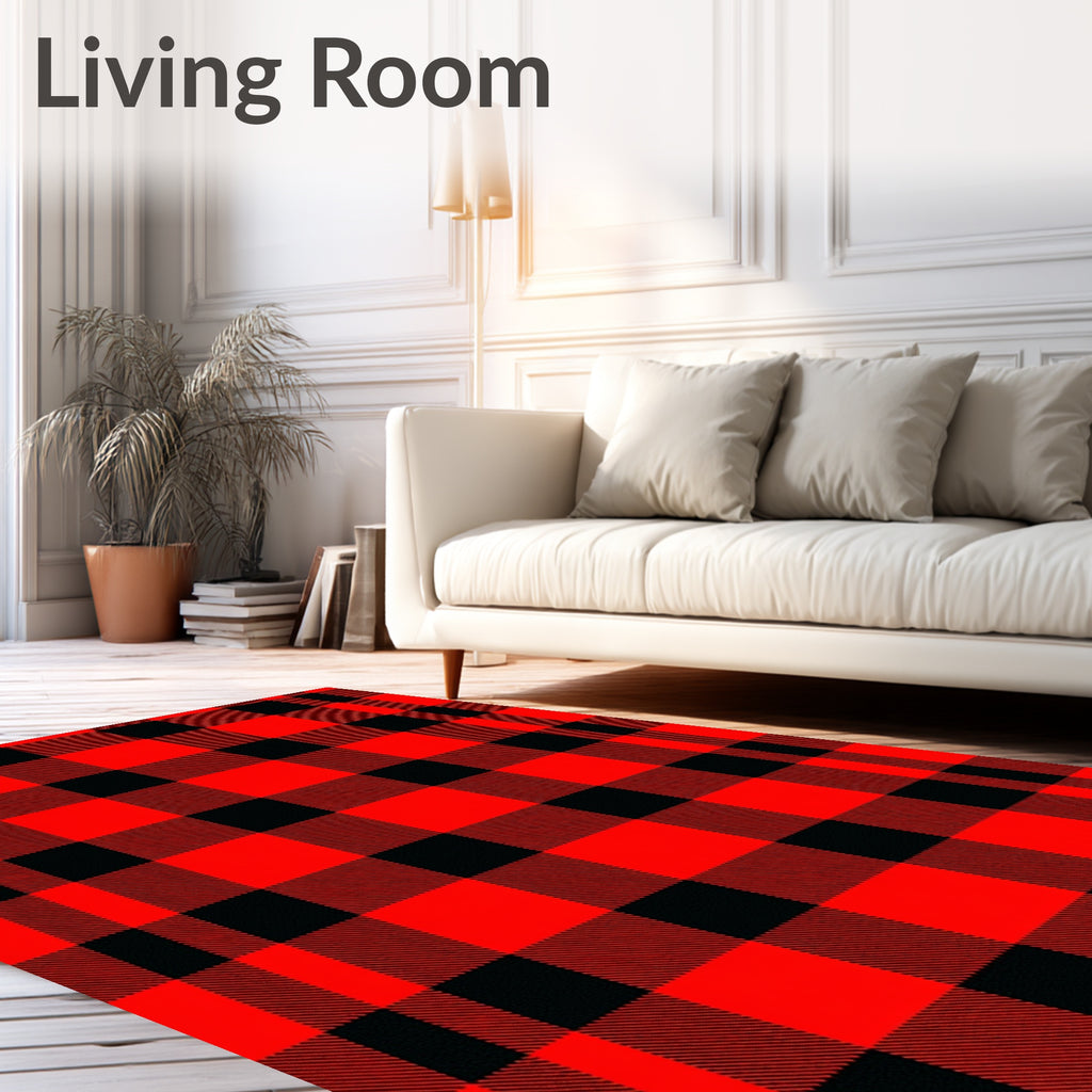 Bold Red Black Plaid Squares Rug
